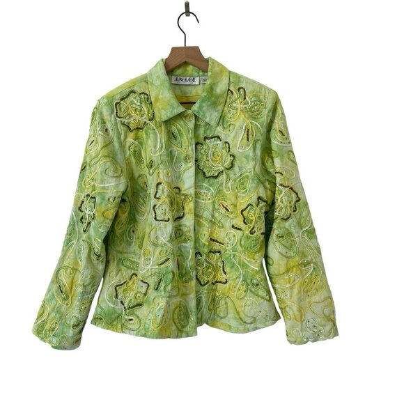 Anage Womens Tie Dye Jacket Size L Sequin Embellished Floral VTG Denim Blazer - Picture 1 of 16